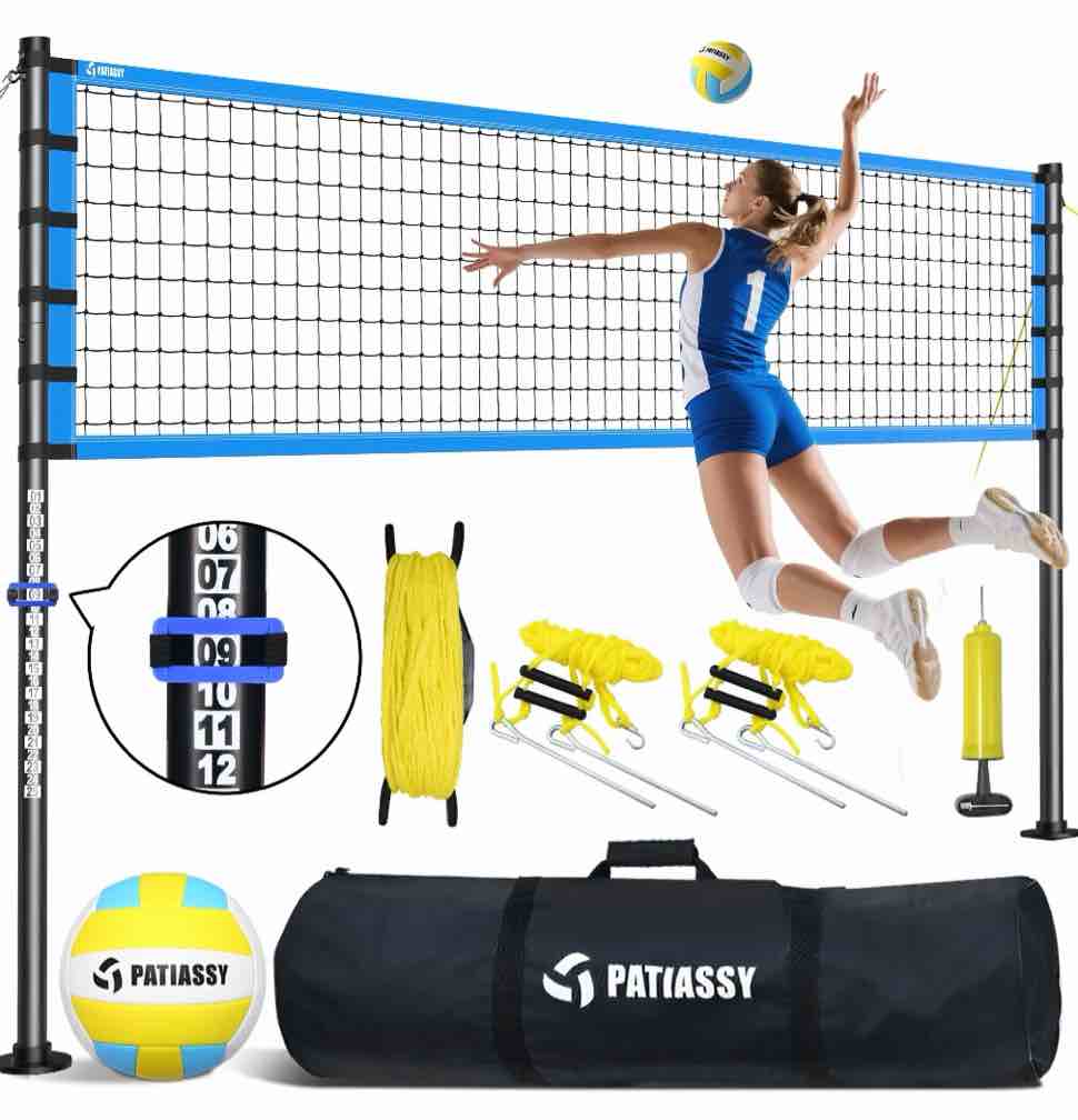 patiassy 32ft outdoor portable volleyball net set system for backyard - quick & easy setup adjustable height steel poles  pu volleyball  pump and carrying bag