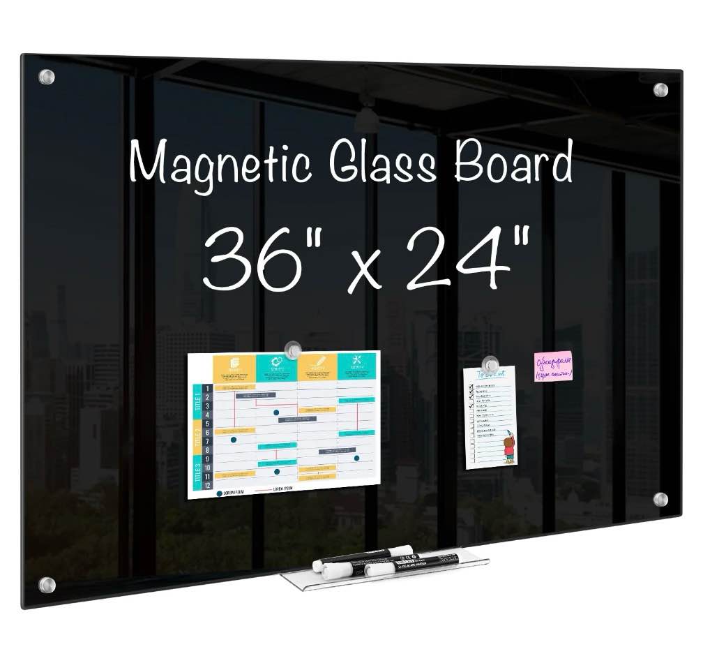 maxtek magnetic glass dry erase white board  36  x 24  black glass board for wall mounted for classroom home  office supplies