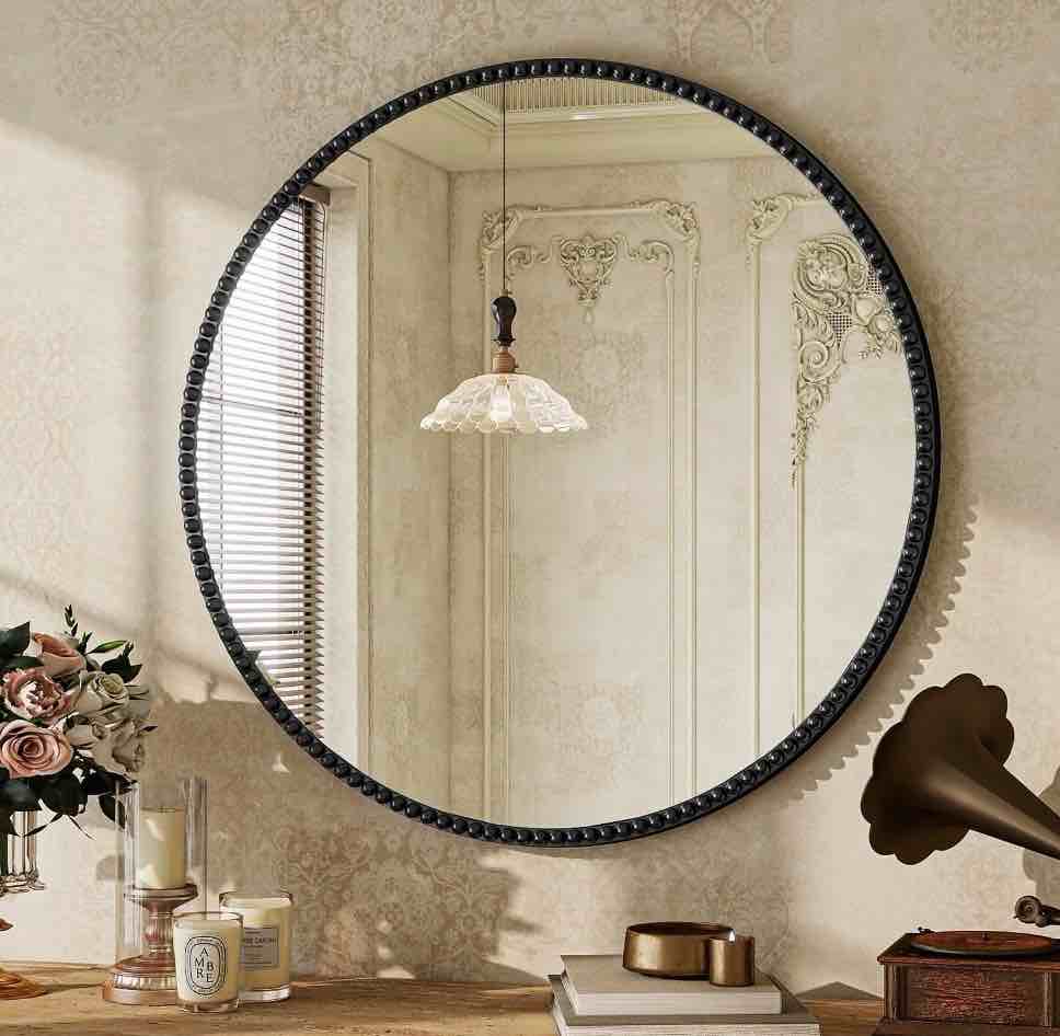 beautypeak 24" round bathroom mirror vanity mirror wall mounted with beaded frame,black