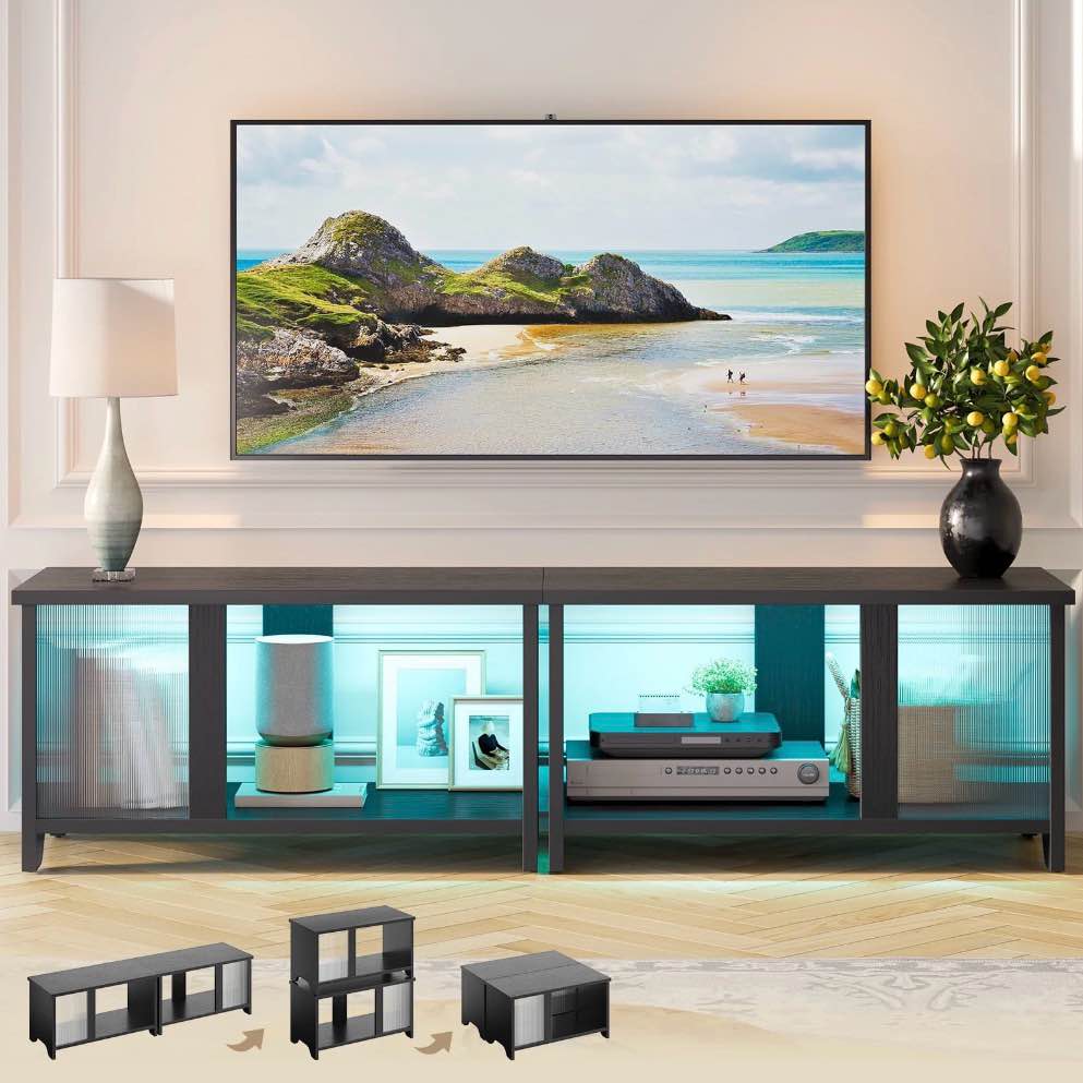 pinmoco led tv stand for tvs up to 65'', expandable side by side or stacking tv stand with storage, black