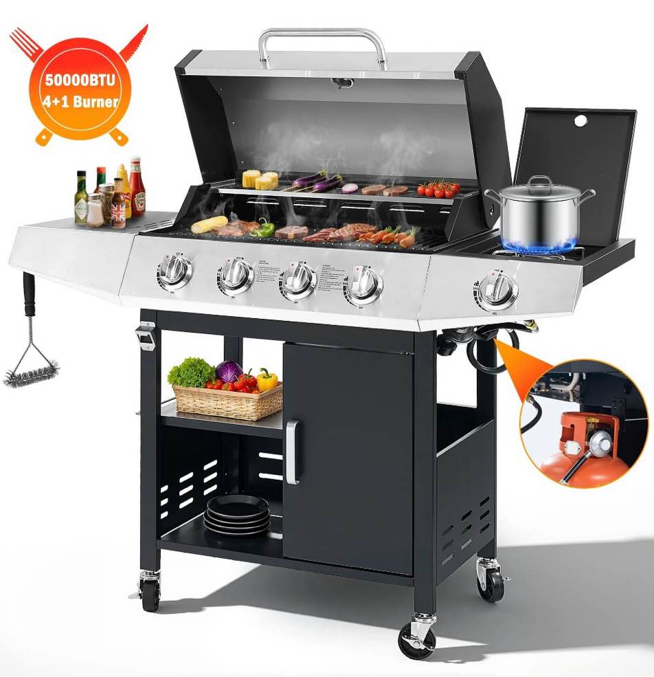 segmart 4 burner bbq propane gas grill with side burner  stainless steel 46 790 btu patio garden barbecue grill with thermometer  wheels  and bottle opener  perfect for camping  outdoor cooking