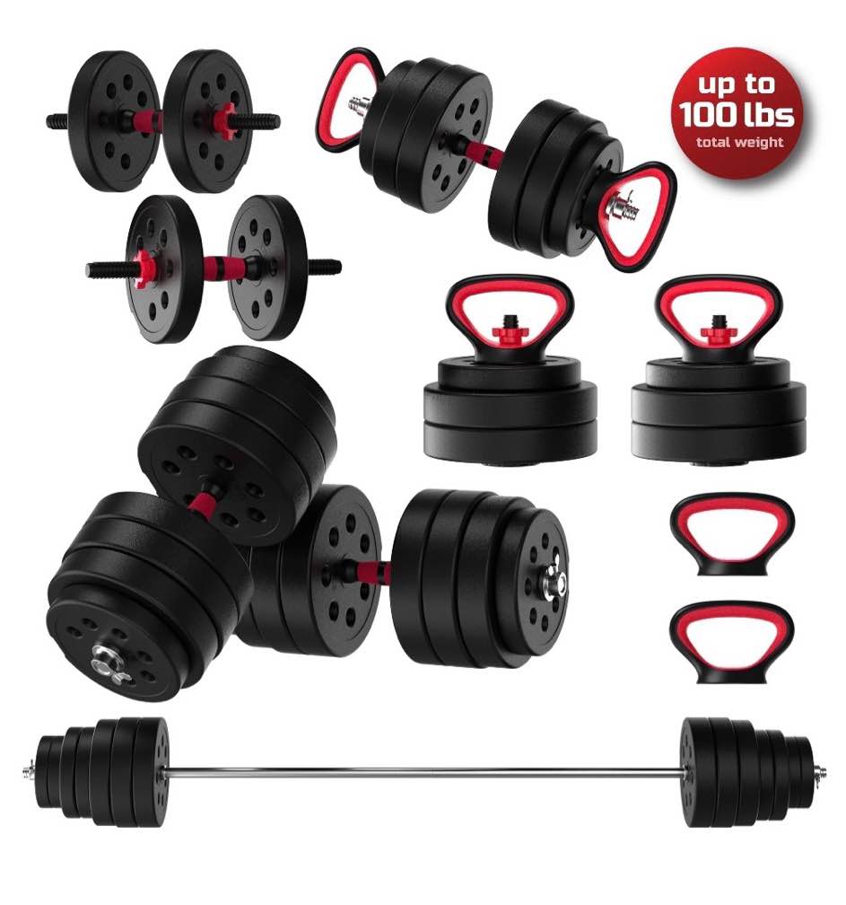 fitrx smartbell gym, 100lbs. adjustable dumbbells, kettlebells and barbell weight set