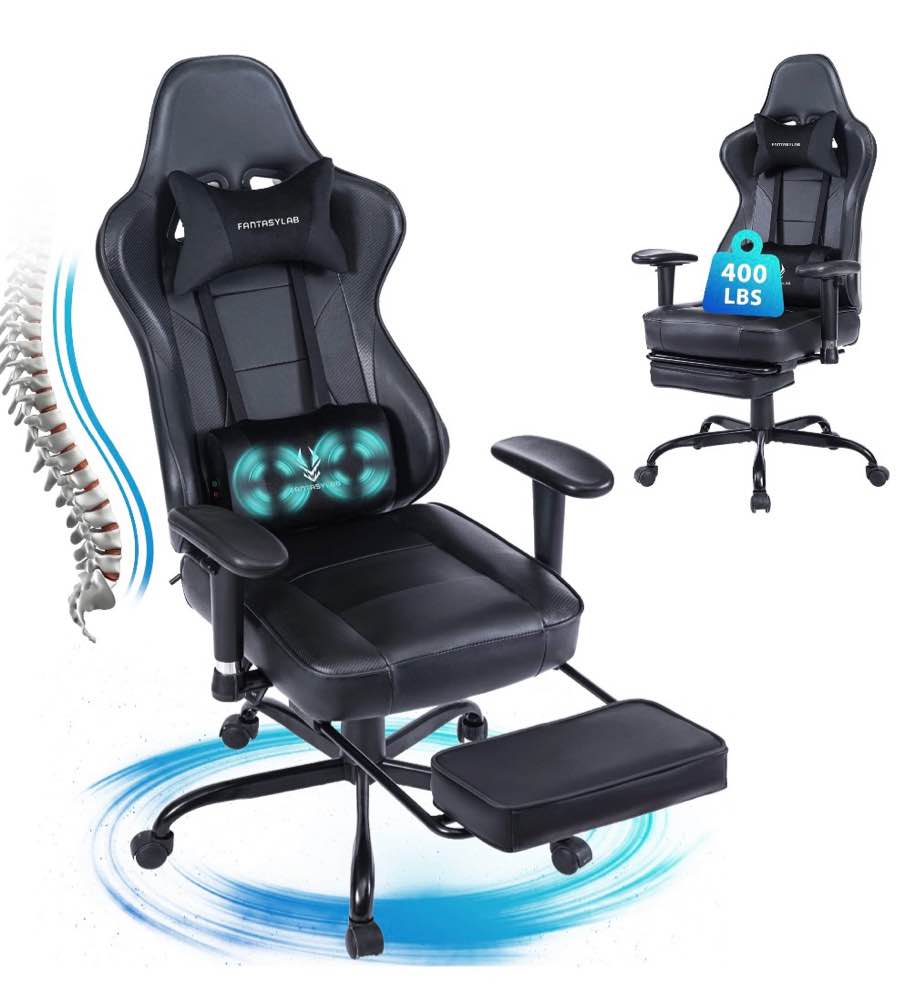 jonpony big and tall gaming chair with footrest 400lbs massage gamer chair with memory foam adjustable tilt back angle & armrest, high back leather computer office chair?black