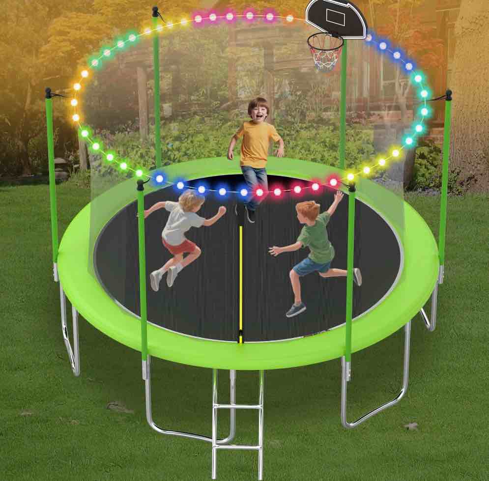 ovatoys 1400lbs 14ft trampoline for adults and kids,trampoline with enclosure,basketball hoop, light,recreational trampoline with ladder, heavy duty trampoline capacity for 6-7 kids