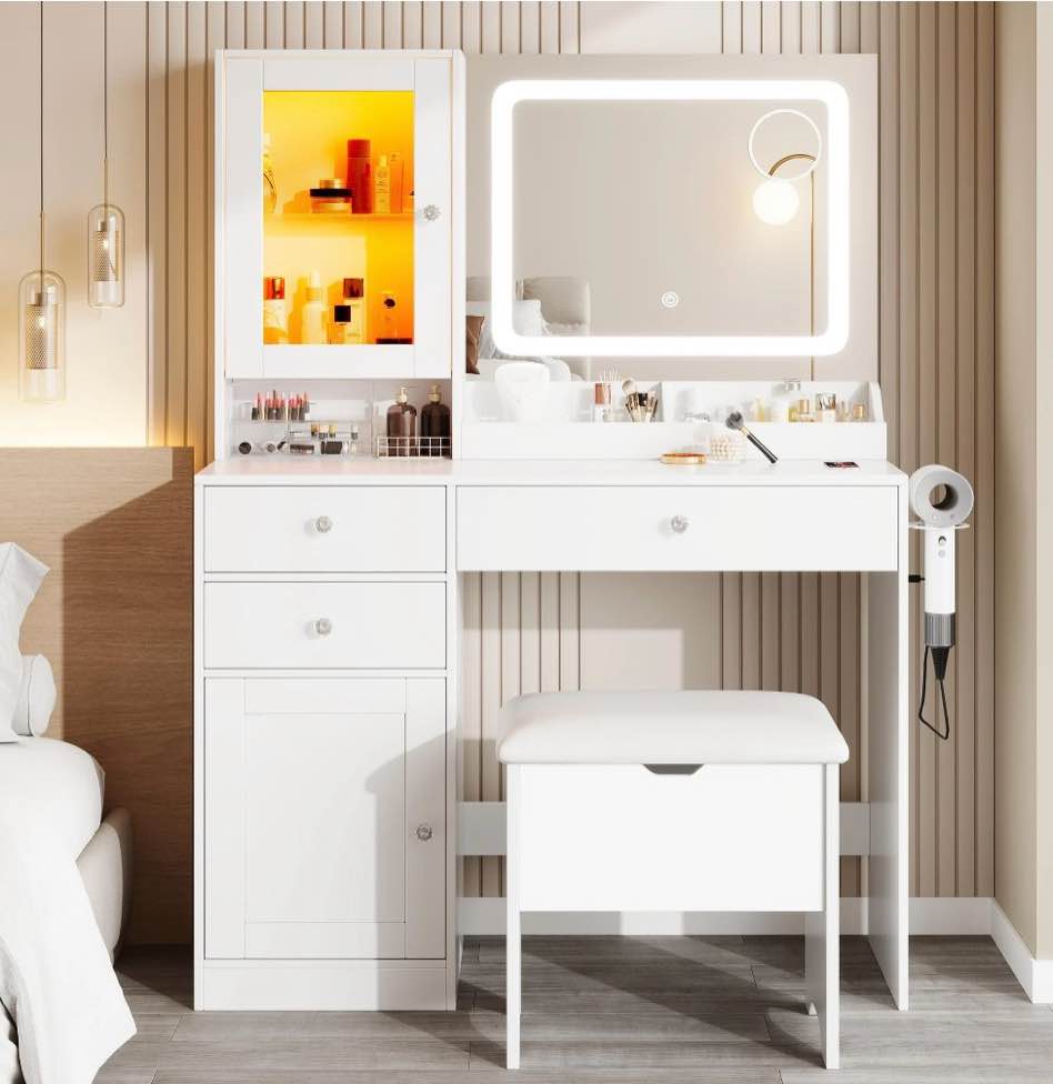 uhomepro vanity set with mirror, white makeup desk with charging station and led strip, makeup dressing table set for women, ladies gifts