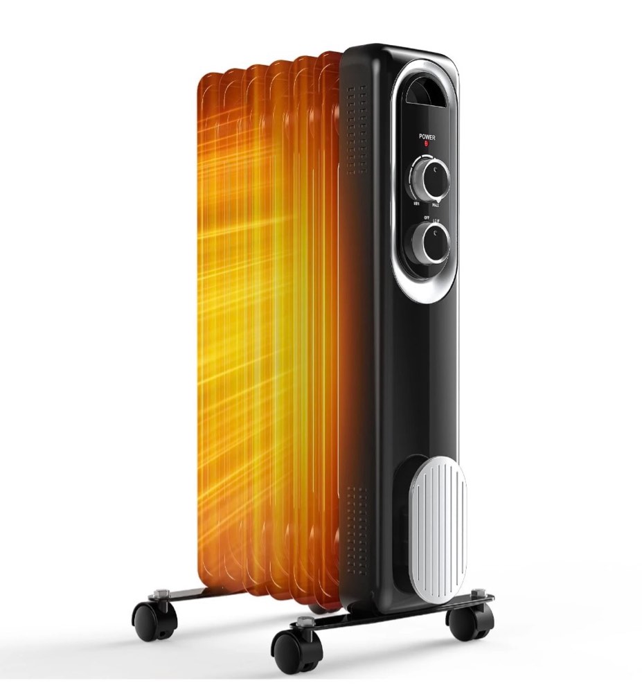 mcq basic electric oil filled radiator, space heater with adjustable thermostat for office bedroom home, black