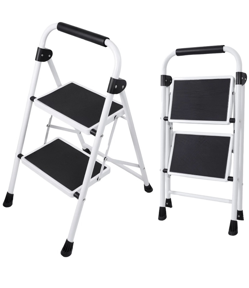 edx 2-step folding step stool for adults - 330 lbs capacity, sturdy steel frame, wide non-slip pedal & top handrail, lightweight portable ladder for home kitchen, black