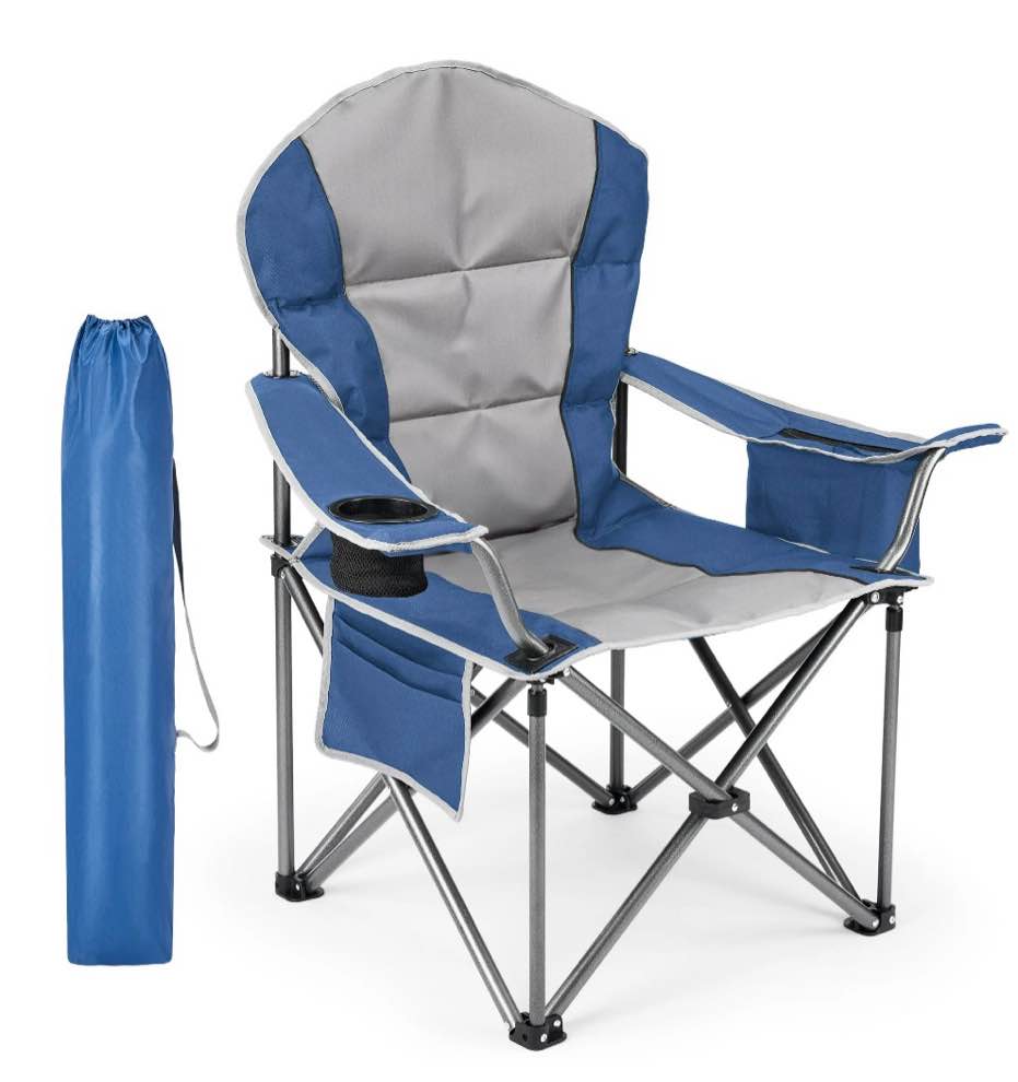 edx oversized camping folding chair, heavy duty padded chair with cup holder storage and cooler bag, 5000 lbs steel frame, portable for outdoor,blue gray