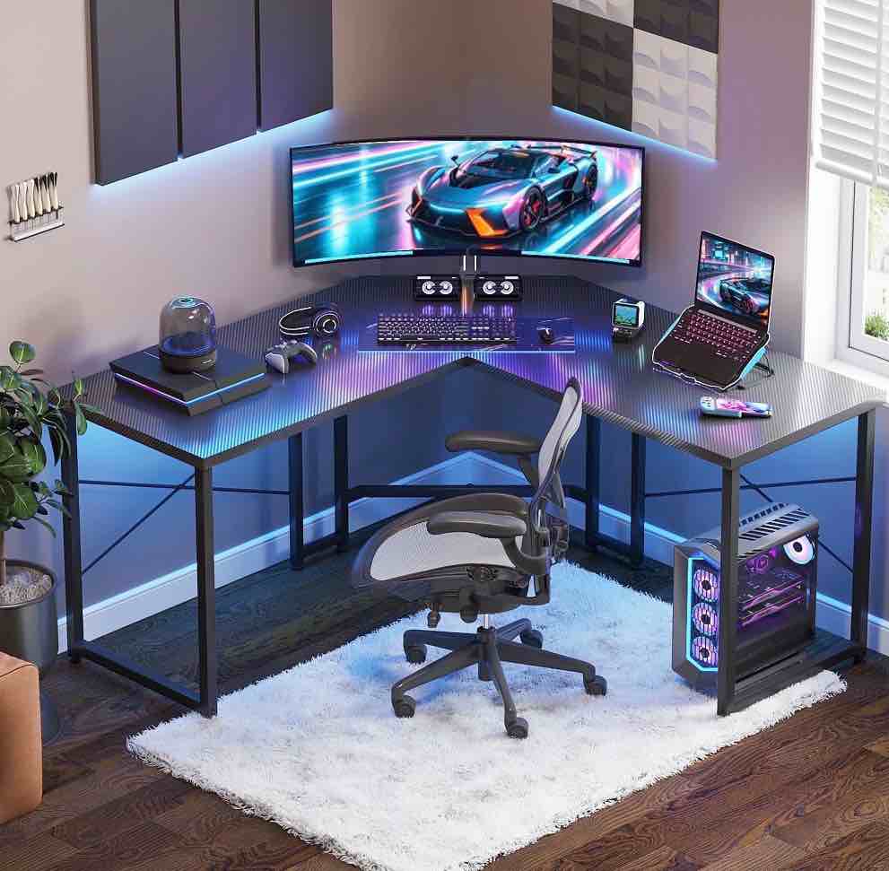 casacomoda computer desk l shaped, 51 inch reversible l shaped desk, gaming desk, home office desk, carbon fiber black