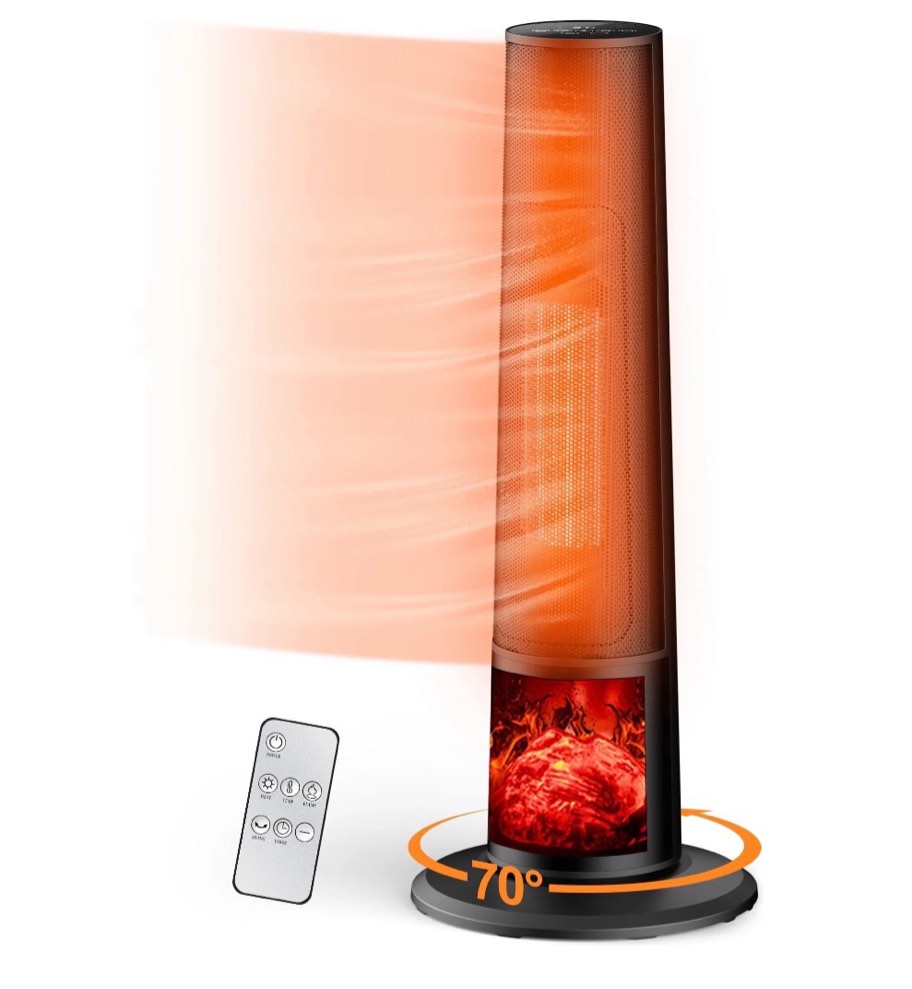 qunler space heater with remote, 26" portable electric tower heater with tip-over and overheat protection, 12h timer, heating fan for bedroom office, black