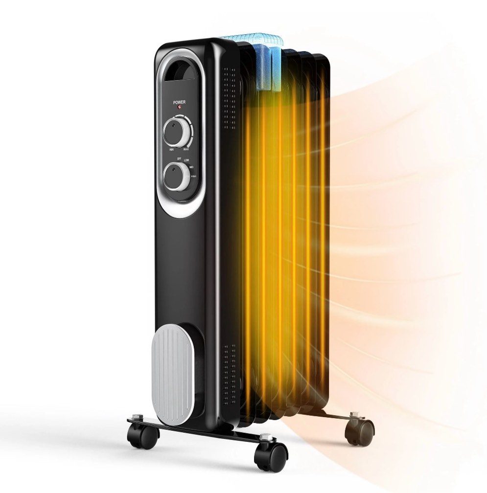 edx basic electric oil filled radiator, 1500w space heater with adjustable thermostat, black, 22.83 x 11.81 x 4.92 in