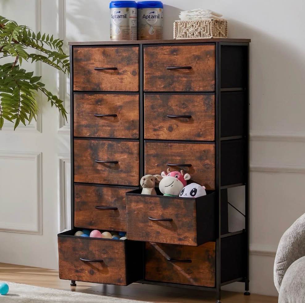 ZUNMOS 10 Drawer Fabric Dresser for Bedroom, Chest of Drawer Organizer Storage Cabinet for Closet, Entryway, Rust Brown