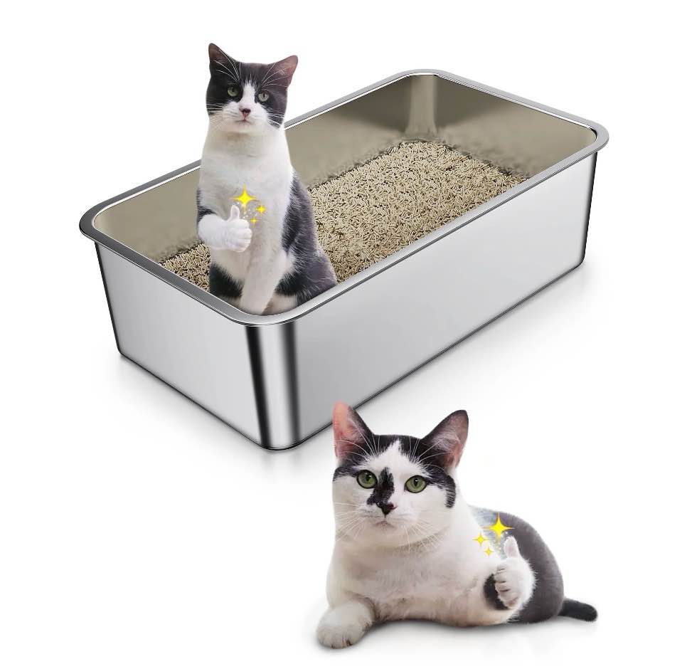Stainless Steel Cat Litter Box, Bug Hull High Sided Metal Pan, Odor Control, Easy to Clean, 23.4" x 15.6" x 6"
