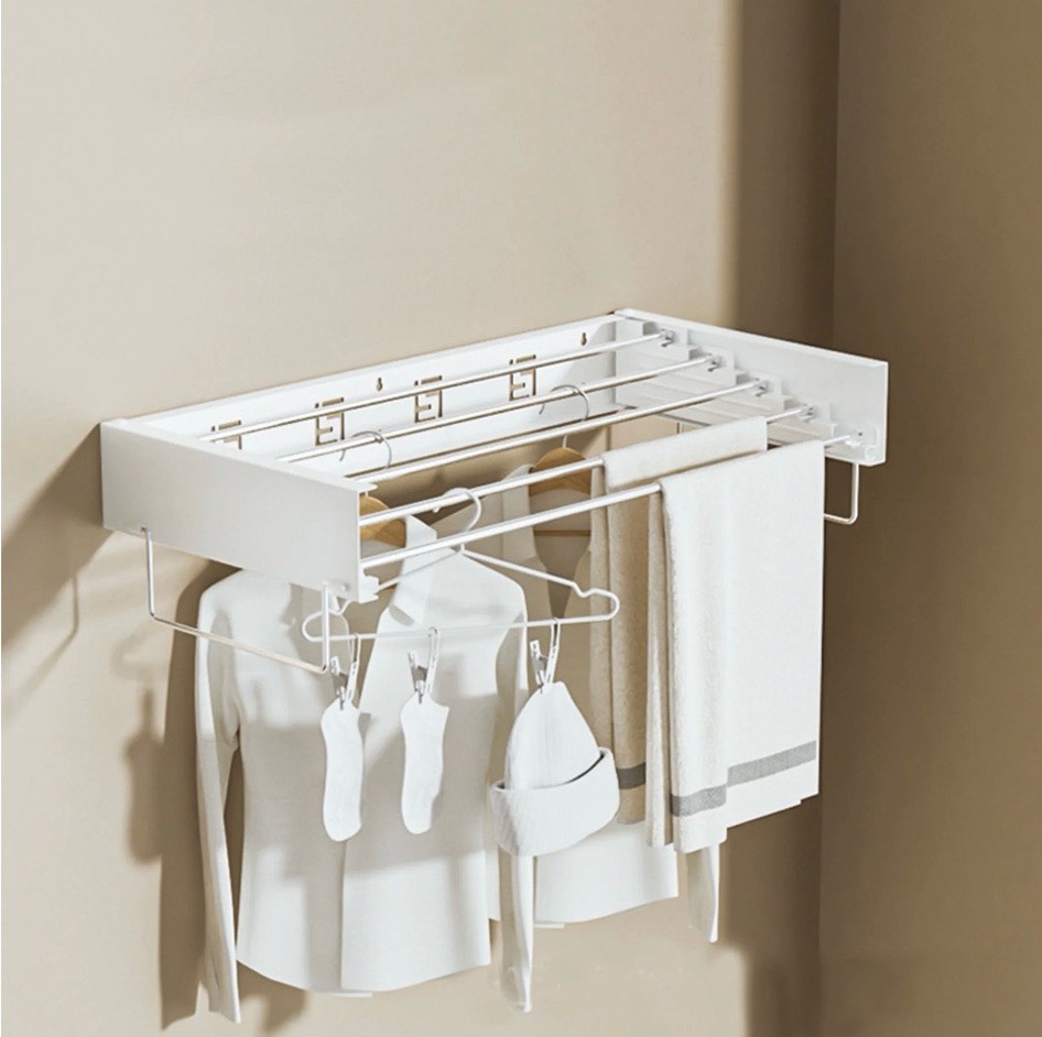 BEAMNOVA Wall Mounted Clothes Drying Rack  31.5  Foldable Laundry Hanging Drying Rod  Towel Rack  5 Rods  Aluminum