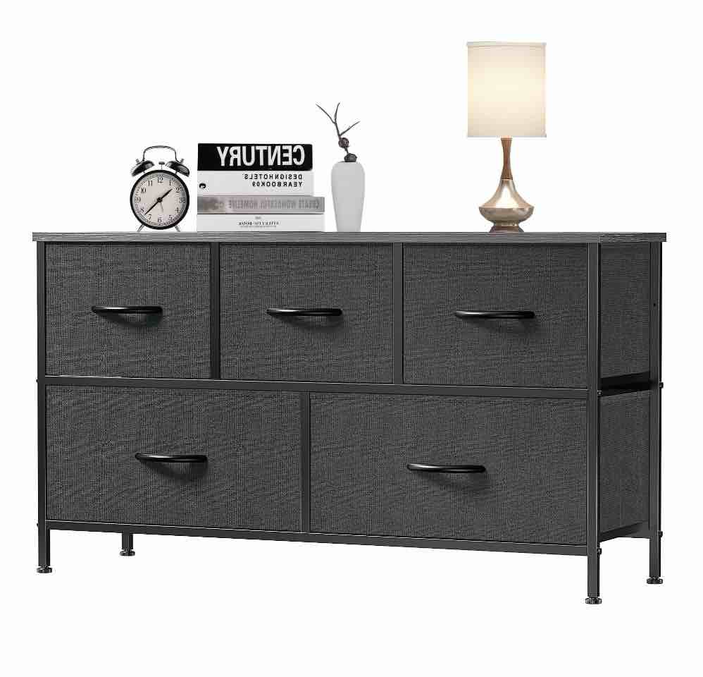 EDX 5 Drawer Dresser, Wide Chest of Drawers Nightstand Storage Tower Storage Fabric Dresser with Wood Top for Living Room, Bedroom, Hallway,Black