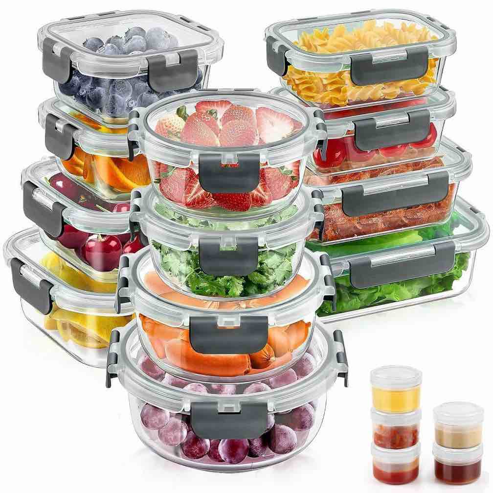 34pcs glass food storage containers with lids set, airtight meal prep containers (17 containers & 17 lids), grey