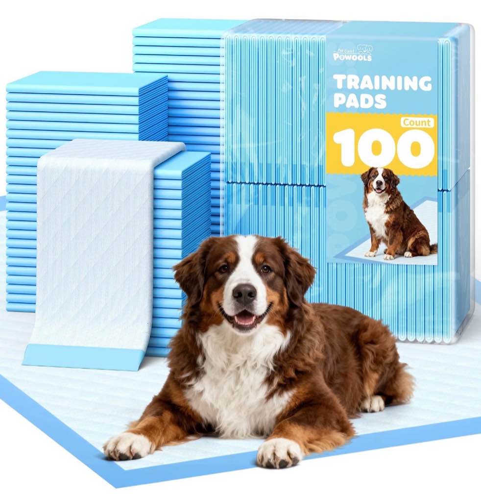 powools puppy pads, 33.5" x 27.5" x-large 6-layer, 100 count dog wee wee pads with powerful absorbency