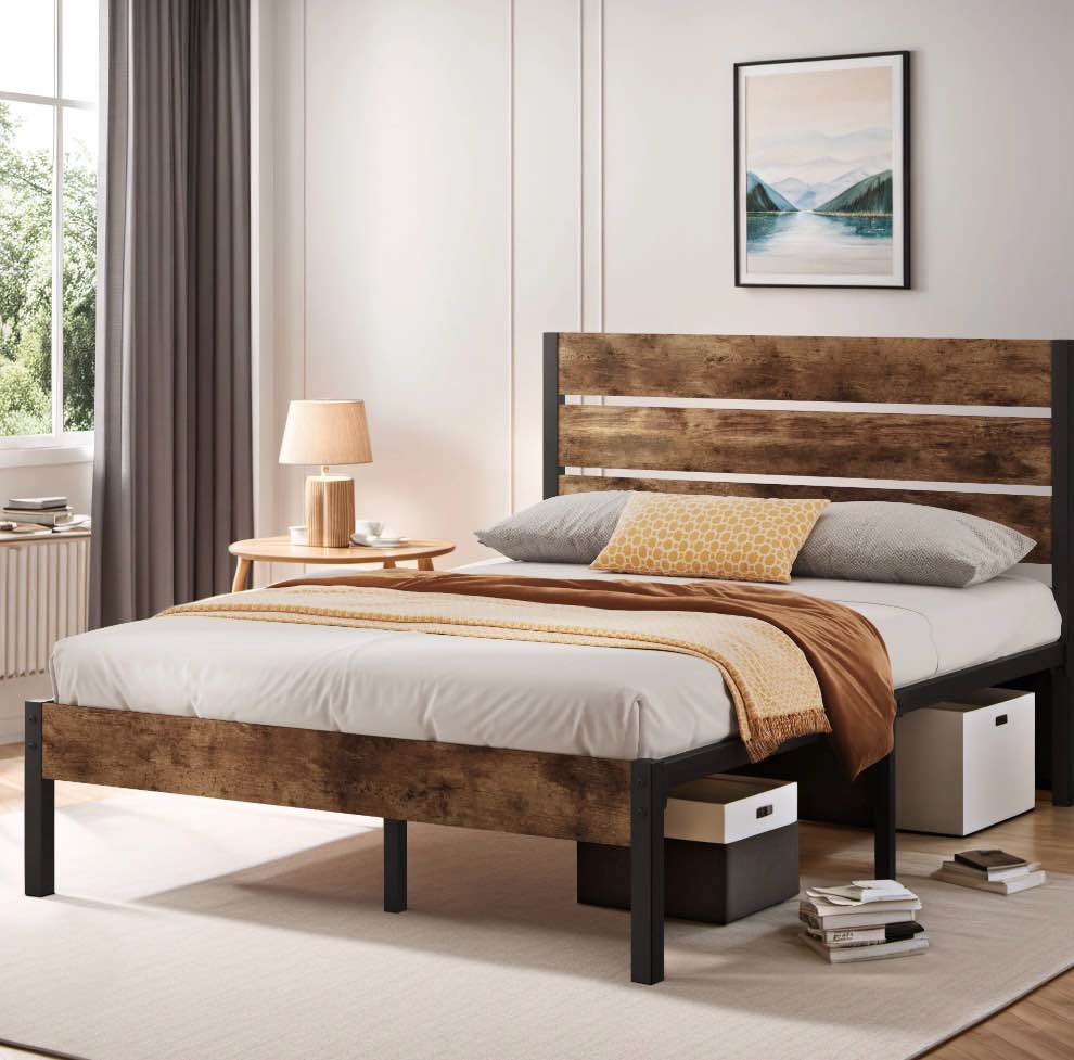 lifezone full bed frame with rustic vintage wood headboard and footboard,metal support,rustic brown