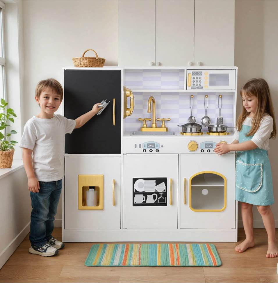 coclub play kitchen, wooden kids kitchen playset with chalkboard, ice maker, play phone, cookware accessories, microwave toy kitchen gift for boys girls age 3-8 white