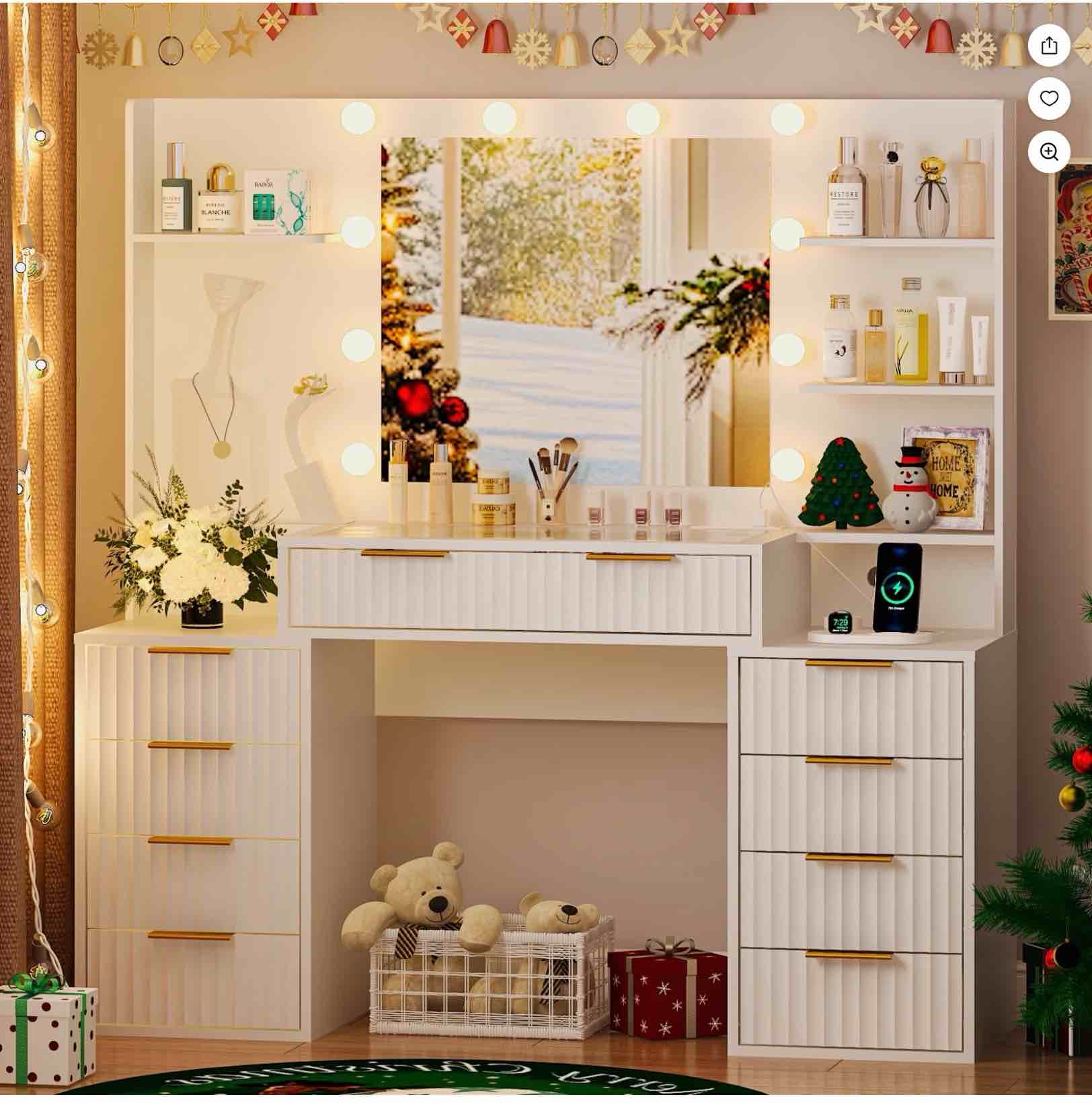 ktaxon large makeup vanity with 9 drawers, flutted vanity table set with lighted mirror, get ready with me, white