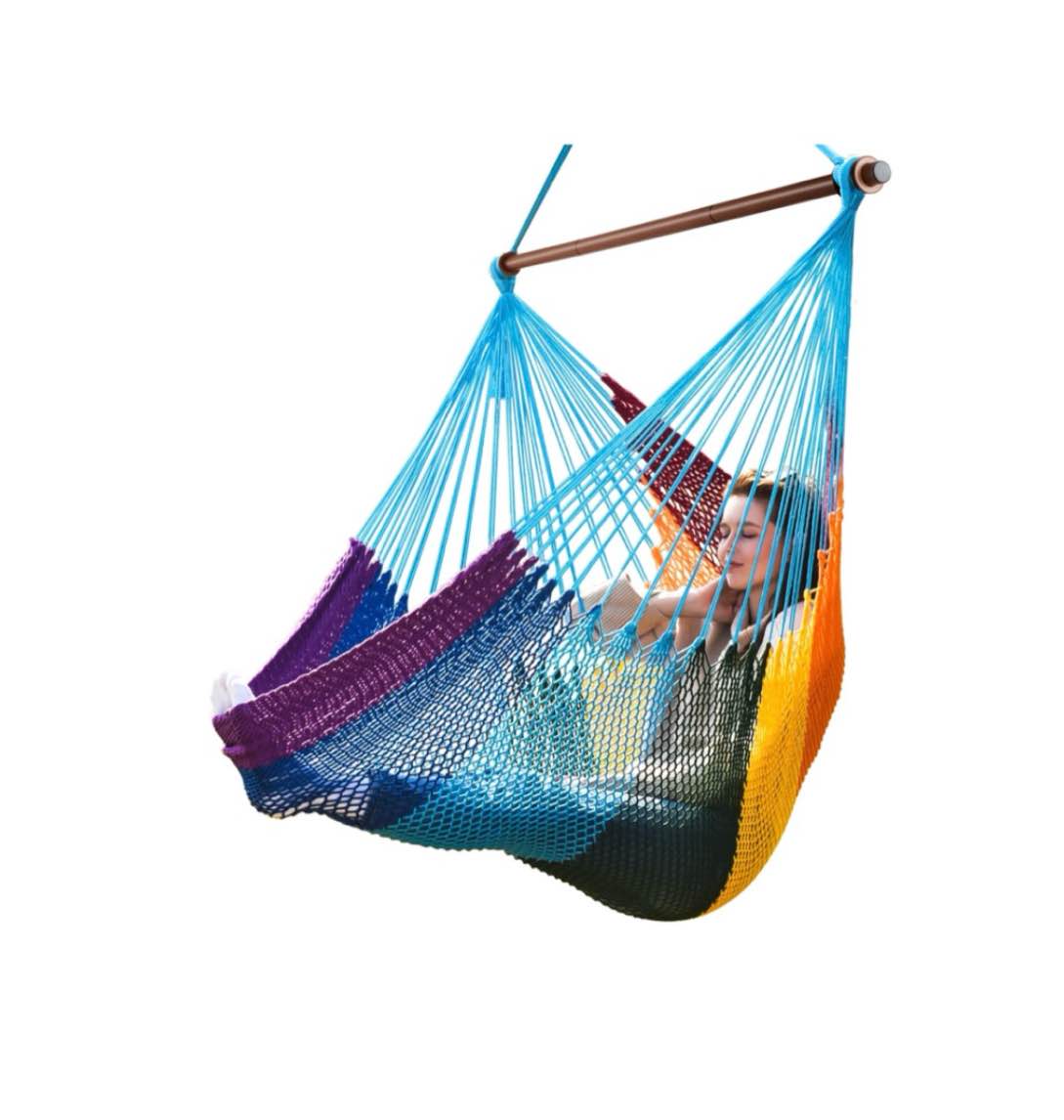 New Large Caribbean Hammock Chairs with Detachable Metal Bar Hanging Rope Swing Outdoor Indoor Multicolor