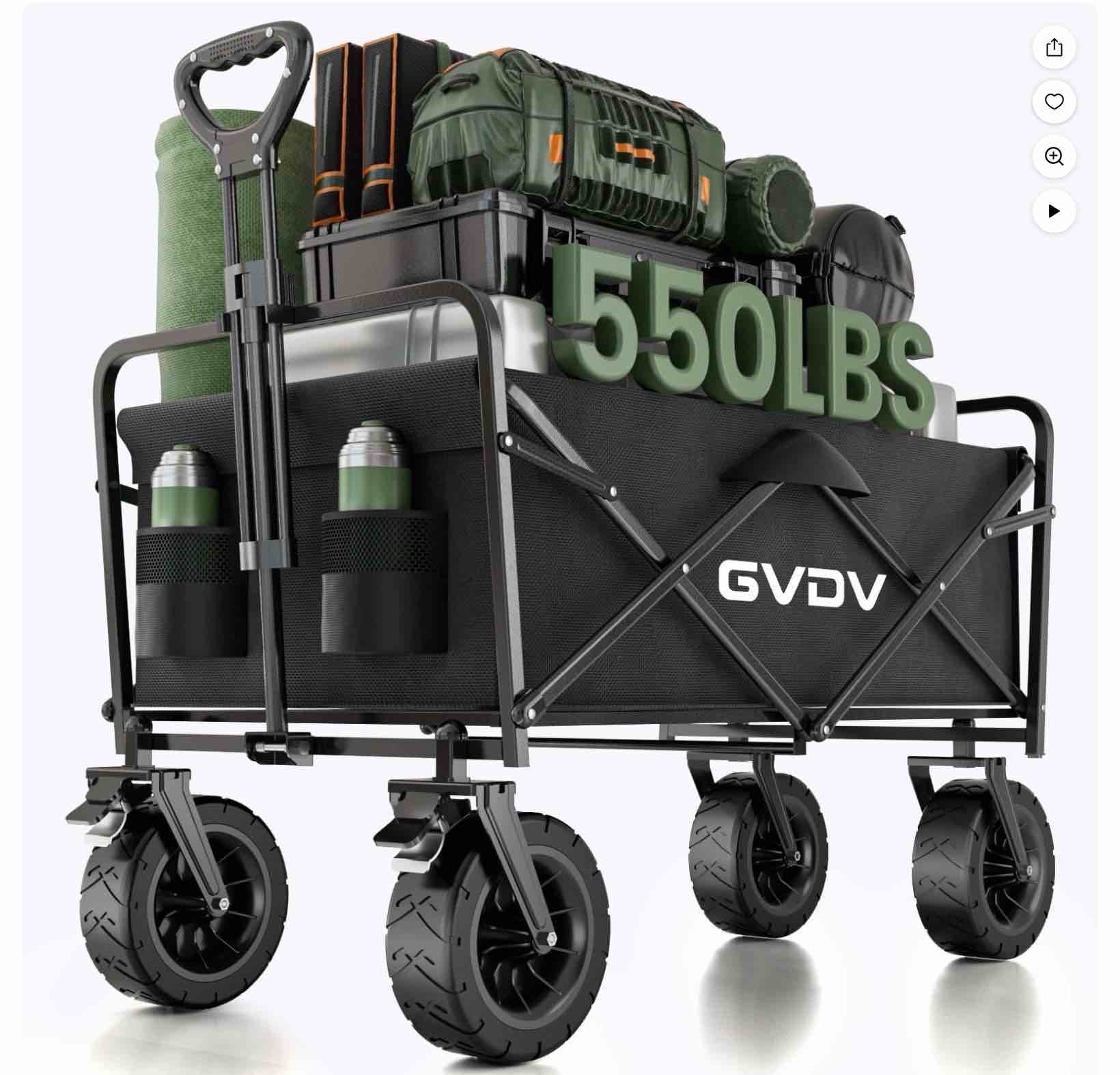 GVDV Collapsible Folding Wagon, 550LBS Large Heavy Duty Utility Cart with All-Terrain Wheels and Adjustable Handles for Shopping, Camping, Sports, Outdoor, Beach, Black
