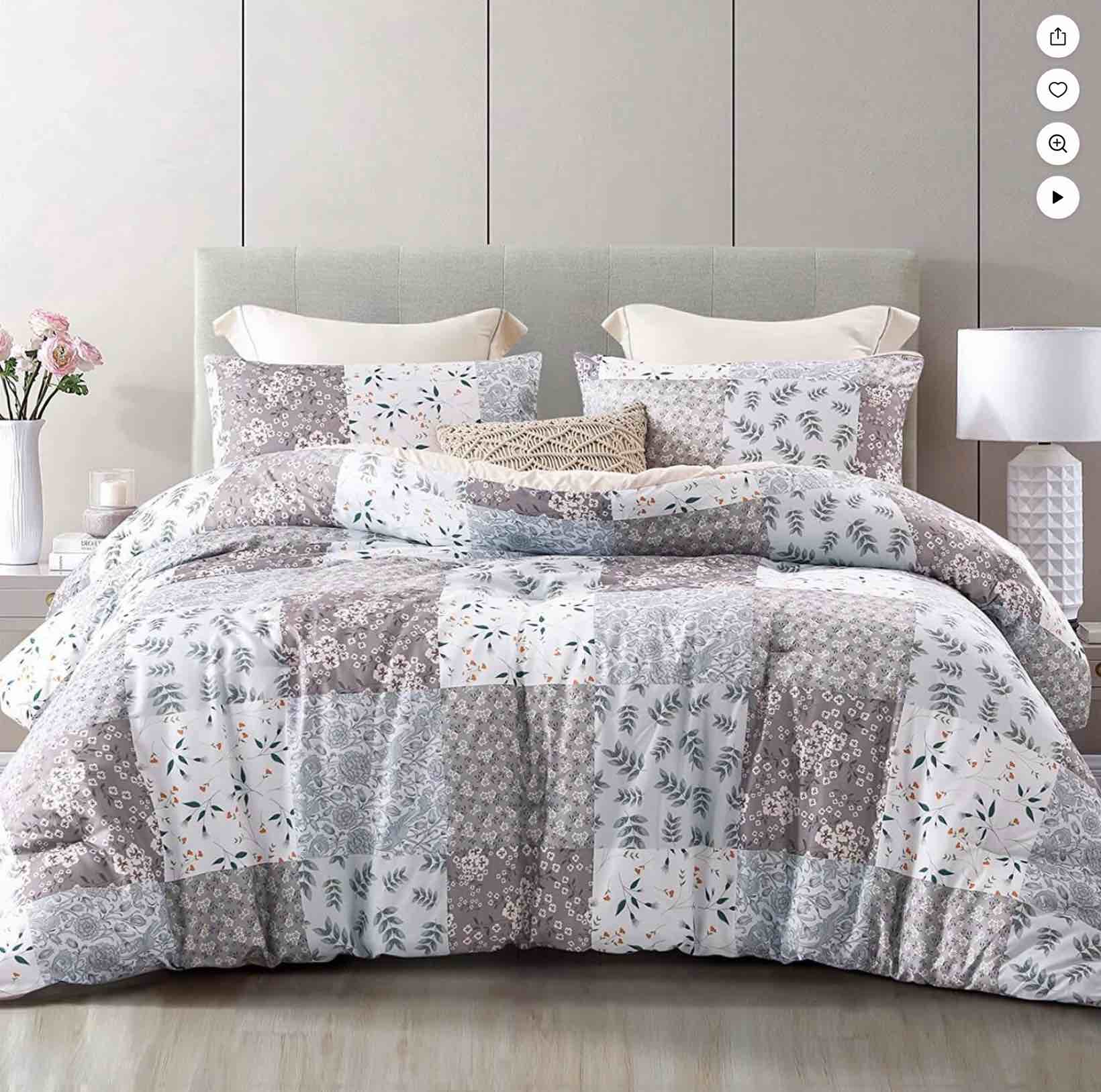 Whale Flotilla 3-Piece King Comforter Set, Soft Reversible Bedding Comforter Sets, Patchwork Printed Down Alternative Comforter Duvet for All Seasons, Grey