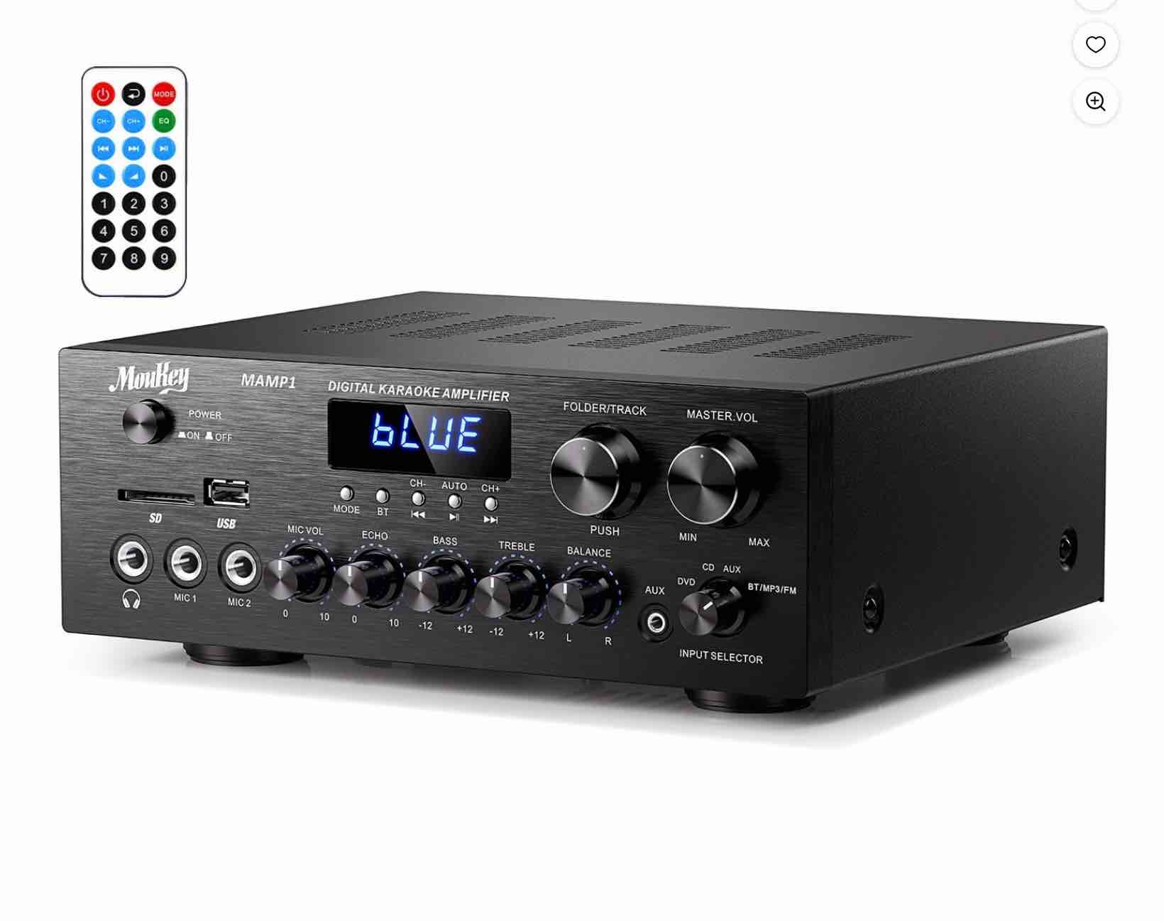 Moukey Home Audio Amplifier 220W Dual Channel Stereo Receiver System Bluetooth 5.0 w/Usb Sd Aux Mic in w/Echo Radio LED - for Studio Use - MAMP1