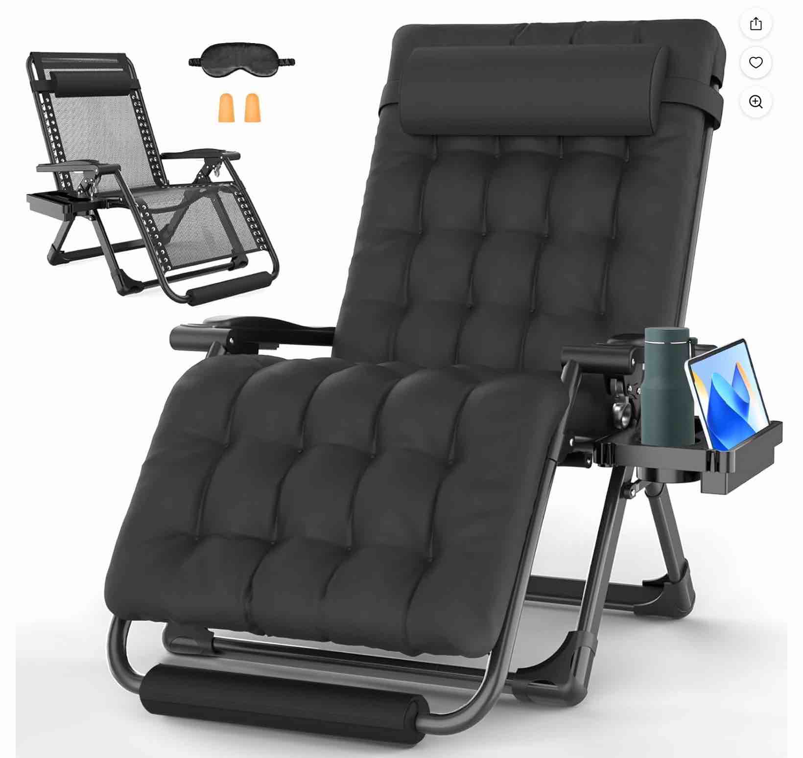 GVDV Oversized Zero Gravity Chair, 33In XXL Lounge Chair 500lbs Capcity with Removable Thick Cushion, Lawn Patio Reclining Chair Upgraded Alloy Lock and Cup Holder, for Indoor Outdoor, Black