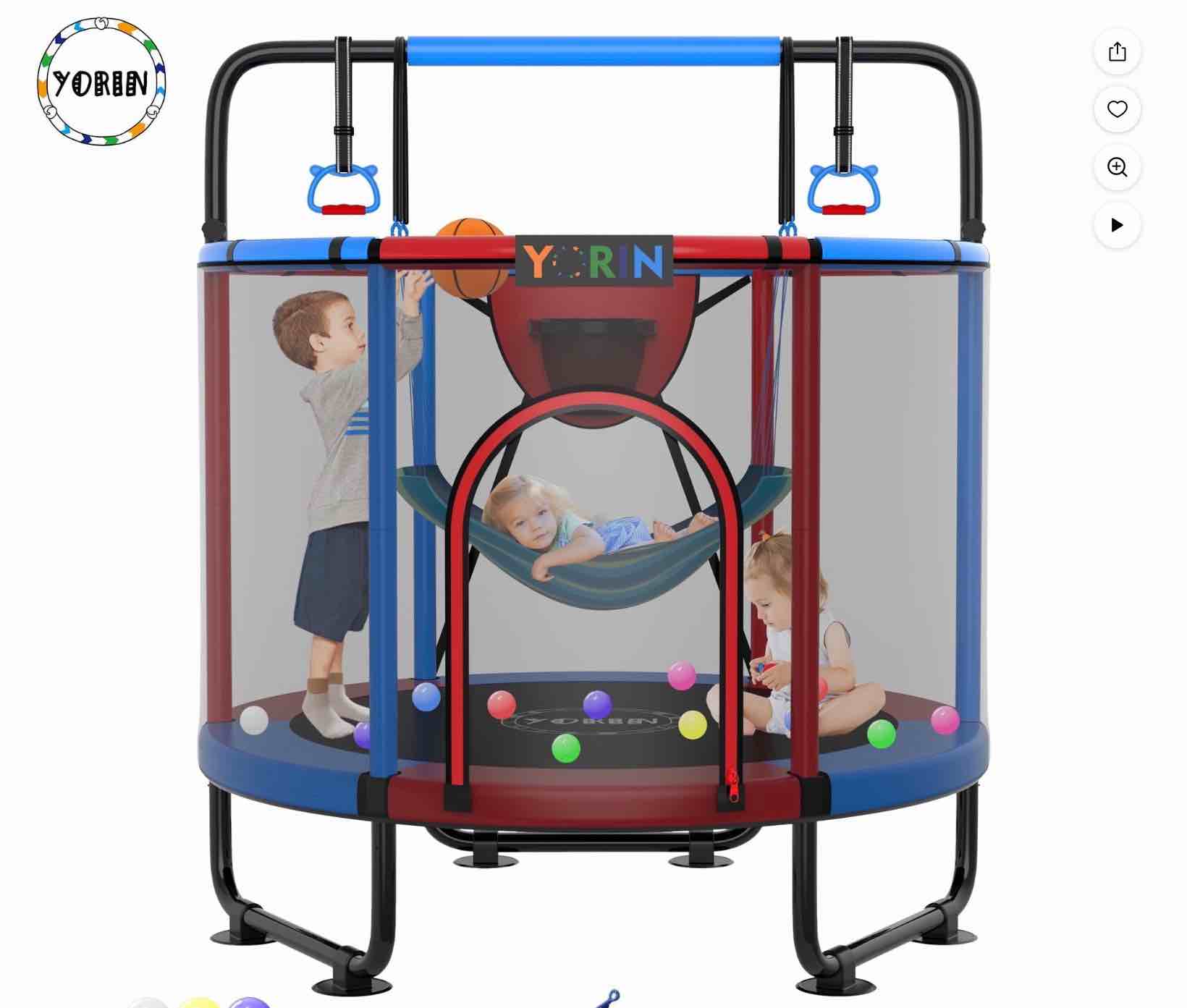 YORIN Trampoline for Kids, 60" 55" 66" Toddler Mini Trampoline with Enclosure Net, Basketball Hoop, 5FT Indoor/Outdoor Kids Trampoline with Swing, Adjustable Gymnastics Bars, Gifts for Kids, 600LBS