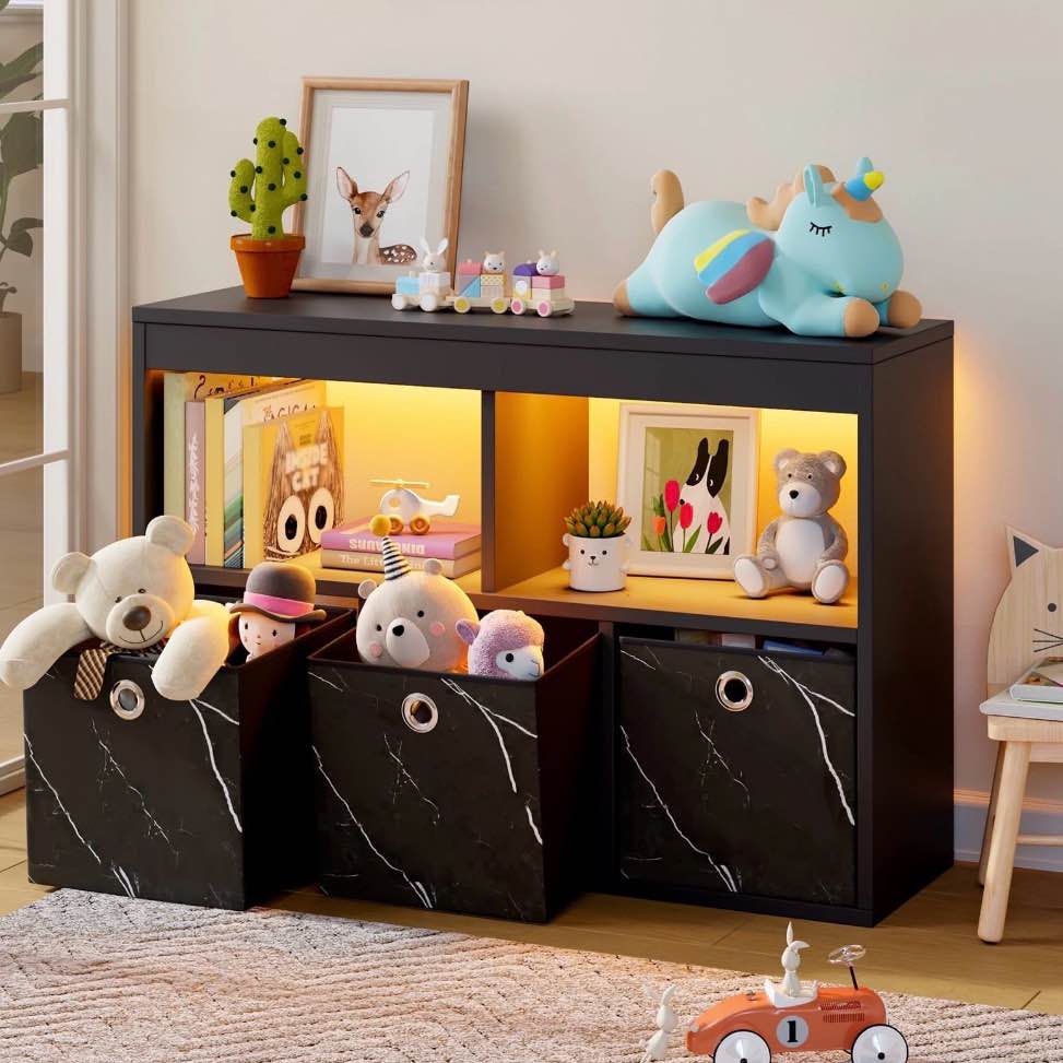 Pinmoco 5-Cube Kid's Bookshelf LED Toy Storage Organizer with Three Marbled Fabric Drawers for Playroom Storage, Black