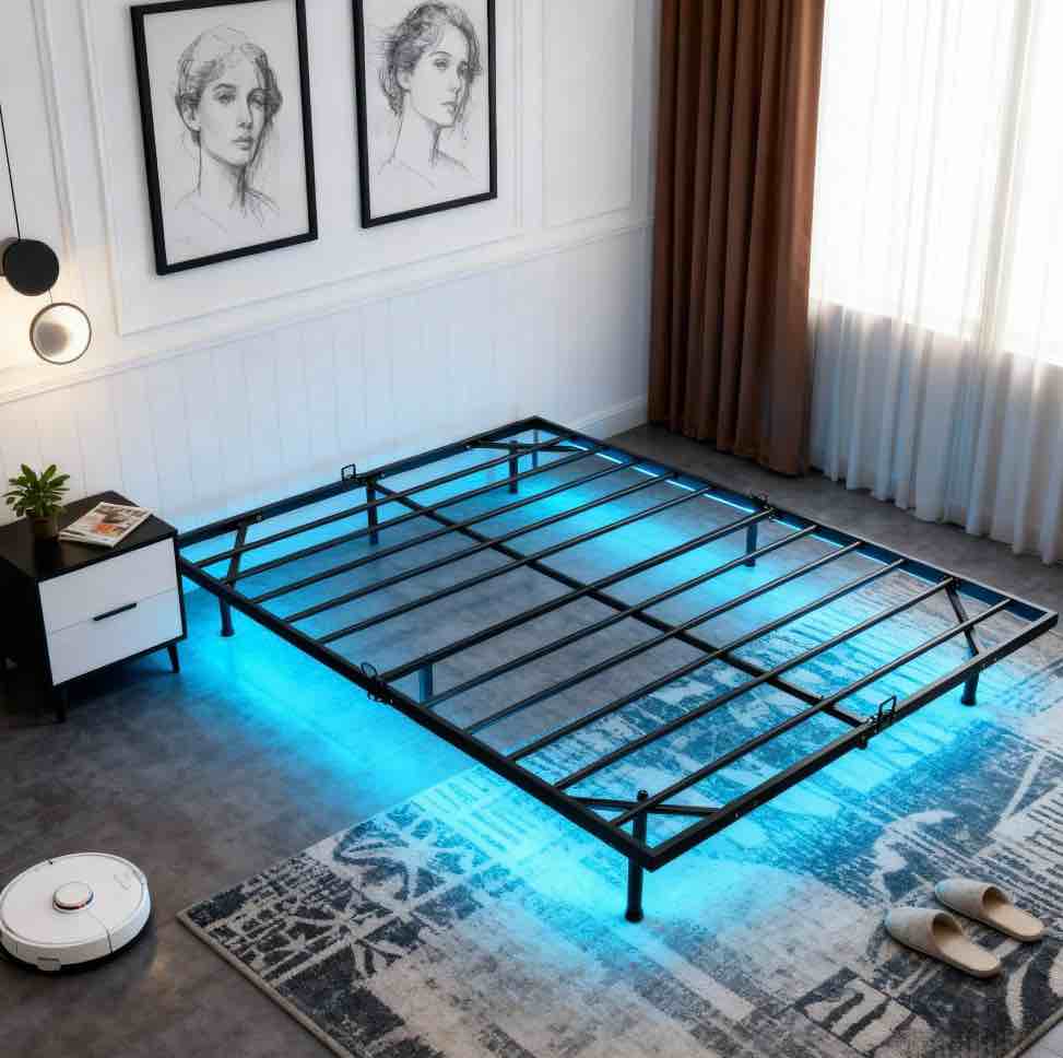 edx King Size Floating Bed Frame, Metal Platform Bed Frame with LED Lights, Charging Station with 2 Outlets & USB Ports, No Box Spring Needed, Anti-Sliding, Noise Free, Easy Assembly, Black
