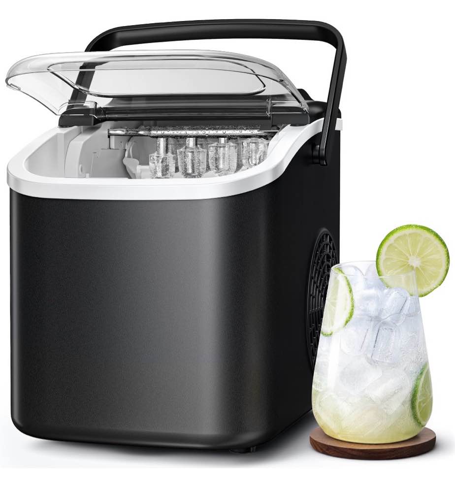 Goosiay Countertop Ice Maker, 26lbs Portable Small Ice Makers with Handle, 8 Cubes in 6 Mins, 2 Size of Bullet Ice, Self-Cleaning Mini Ice Machine for Home, Kitchen, RV, Camping, Black