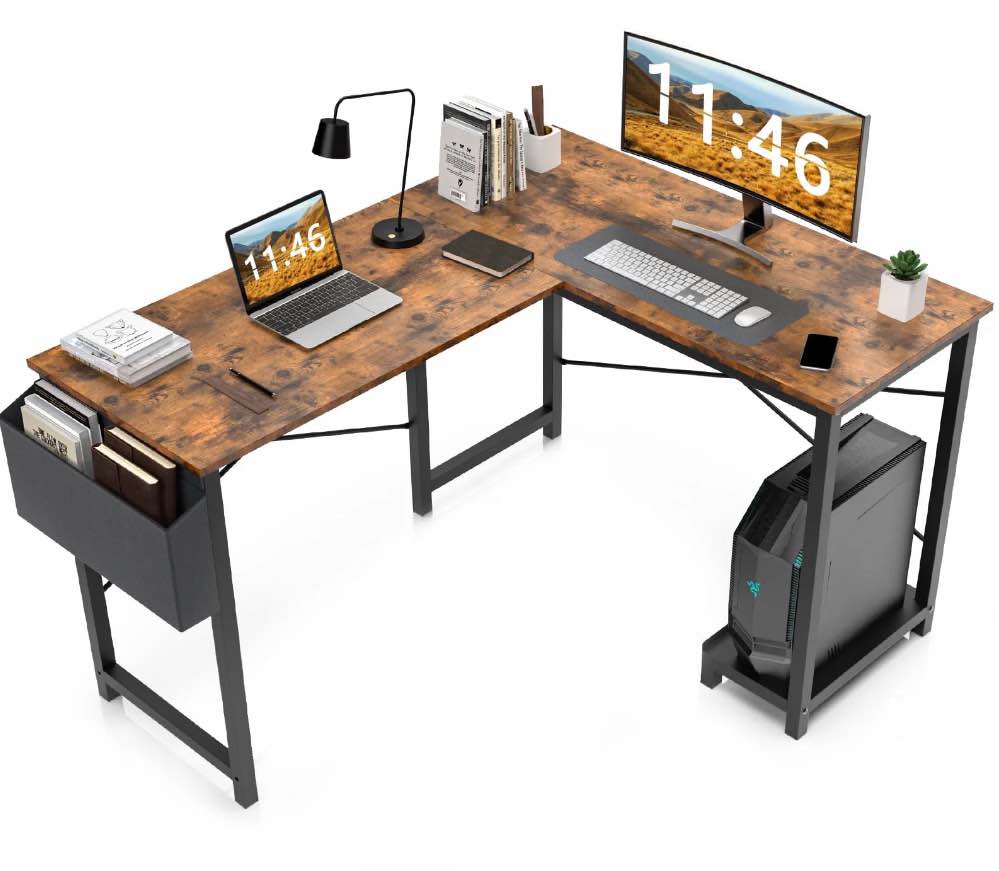 CONCETTA L Shaped Computer Desk with Wooden Desktop CPU Stand Side Bag Reversible, Rustic Brown