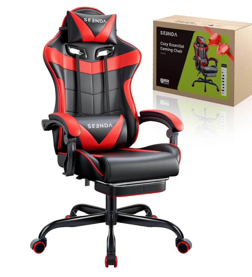Gaming Chair, Seenda Video Game Chair with Footrest and Lumbar Support, Ergonomic Computer Chair Height Adjustable with Swivel Seat and Headrest, Red
