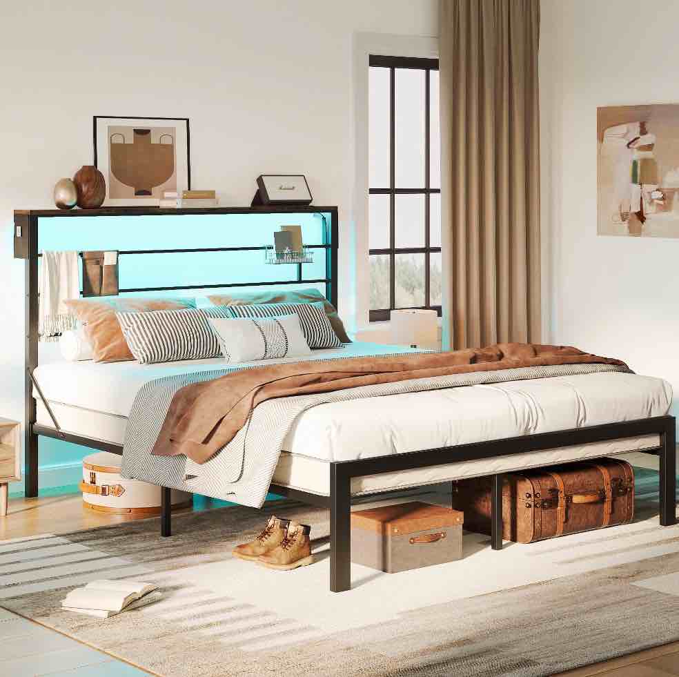 Bestier Queen Size Bed Frame with 49.2" High LED Storage Headboard Shelf, Metal Platform Bed, Black