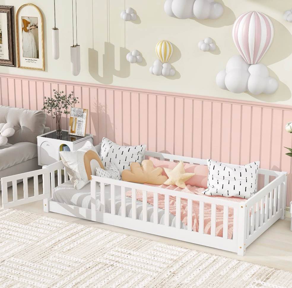 Twin Montessori Floor Bed for Toddlers, UHOMEPRO Kids Floor Bed with Safety Fence and Door, Low Profile Wood Platform Bed, No Box Spring Needed, White