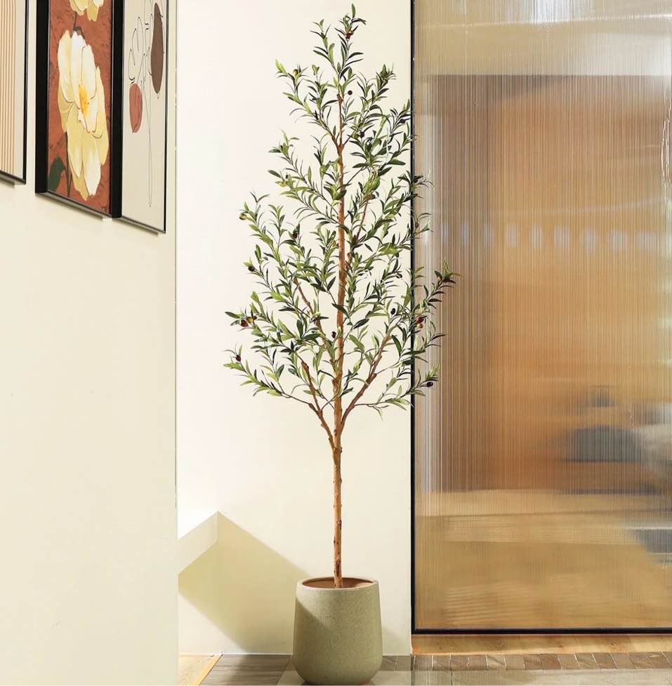 DR.Planzen 7ft Artificial Olive Tree Indoor, Tall Faux Olive Tree, Artificial Plants with Natural Wood Trunk and Lifelike Fruits for Home Office Decor