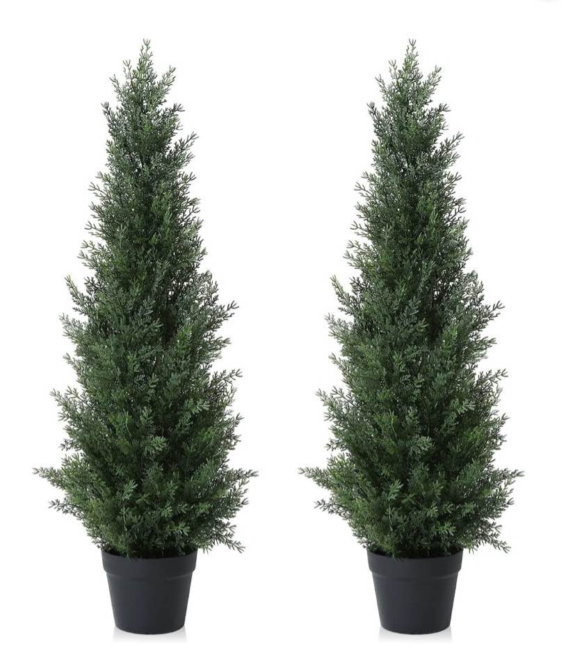 Artificial Cedar Tree 2 Pack 4 ft Outdoor Artificial Topiary Cedar Plants Fake Tree UV Rated Potted Tree for Perfect Housewarming Gift, Set of 2