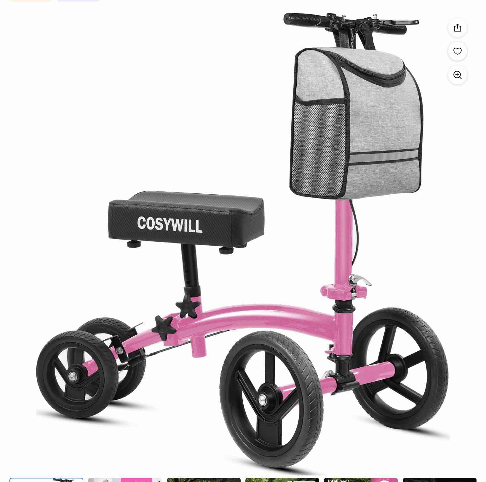 cosywill steerable knee scooter,economy knee walker,all terrain foldable medical scooter for foot injuries crutches alternative,pink