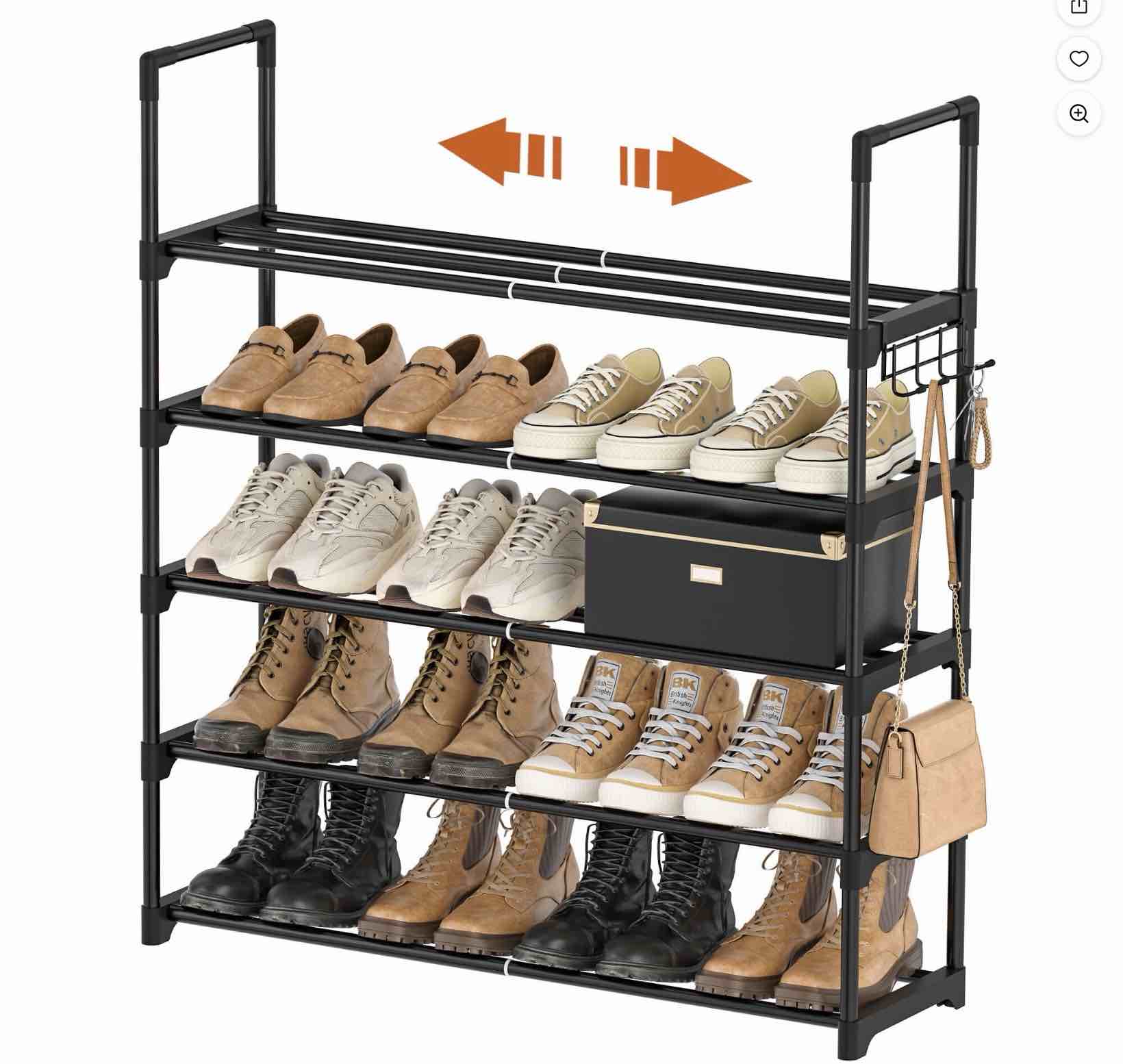 bgtrend 5-tier expandable shoe rack, adjustable metal shoe organizer shelf for closet hallway entryway, black