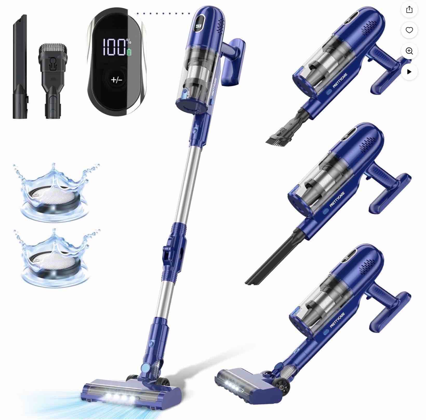 PrettyCare Cordless Vacuum Cleaner, 30Kpa/45min/7-in-1 Stick Vacuum with Foldable Pole, P1
