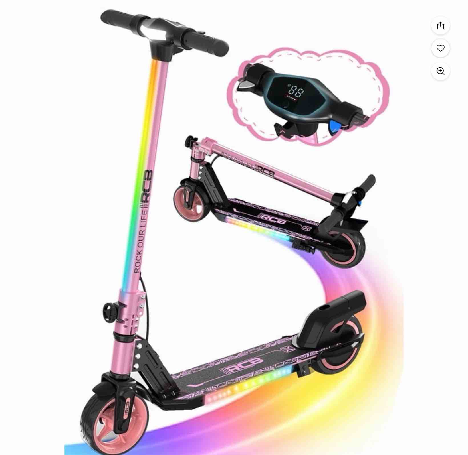 RCB Electric Scooter for Kids,Max Speed 9.3 mph,6.5 Miles Range,Rainbow LED Lights&Display,Foldable&Portable,Pink