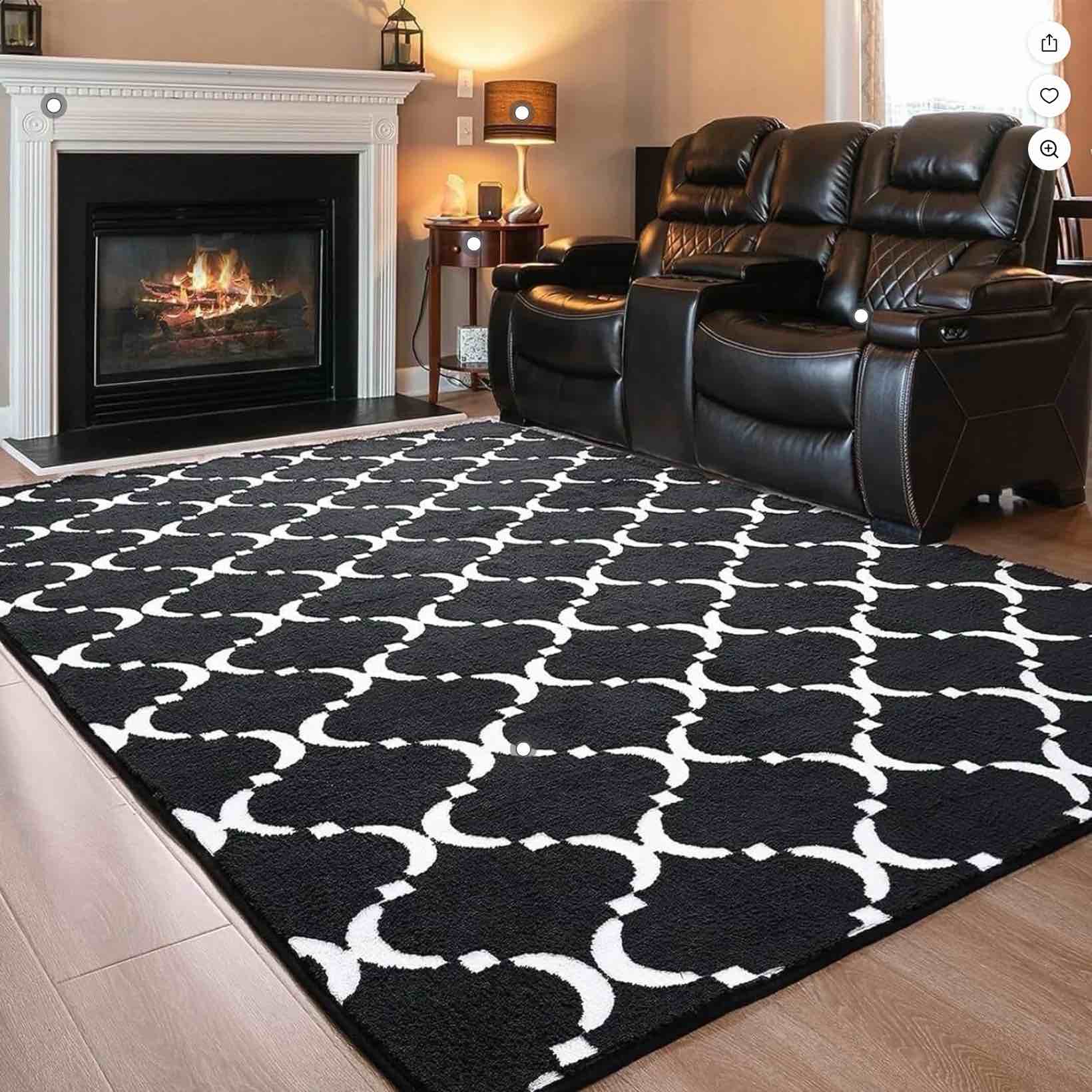 TWINNIS 6'x9' Geometric Area Rug for Living Room Fluffy Carpet ,Non Slip Rug for Girls Teen Bedside Nursery Dorm,Black/White