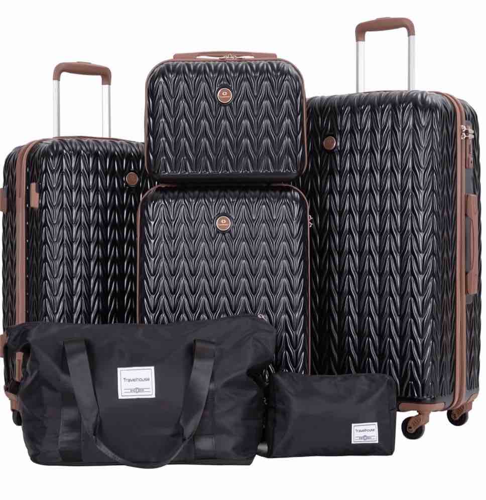 Travelhouse Luggage Set 6 Piece Hardside Suitcase TSA Lock Spinner Wheels 6 PCS Hardshell Luggage with Duffel Bag.(Black)