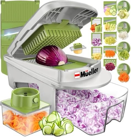 Mueller Pro-Series All-in-One, 12 Blade Mandoline Slicer for Kitchen, Food Chopper, Cucumber Slicer and Spiralizer, Cutter, Dicer, Grater, Gifts for M