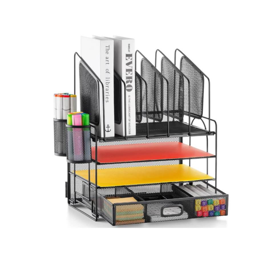 Marbrasse Desk Organizer with Drawer  4-Tier Mesh Desk File Organizer with 5 Vertical File Holders and 2 Pen Holders  Multifunction Desktop Organizer Desk Organizers and Accessories for Home Office