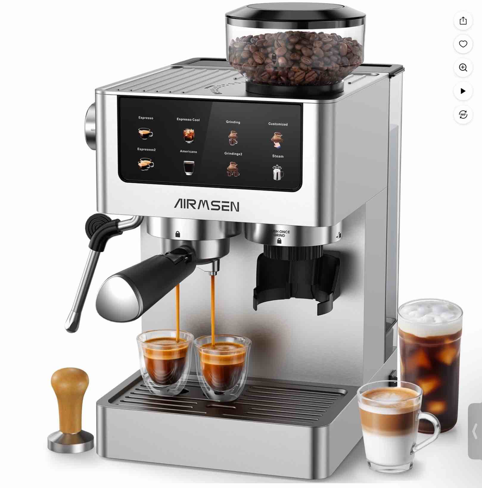AIRMSEN Espresso Machine with Grinder, Espresso Coffee Machine with Customized Grind Amount & Coffee Volume, Cold Brew Coffee Maker for Cappuccino Latte Americano, Brushed Stainless Steel