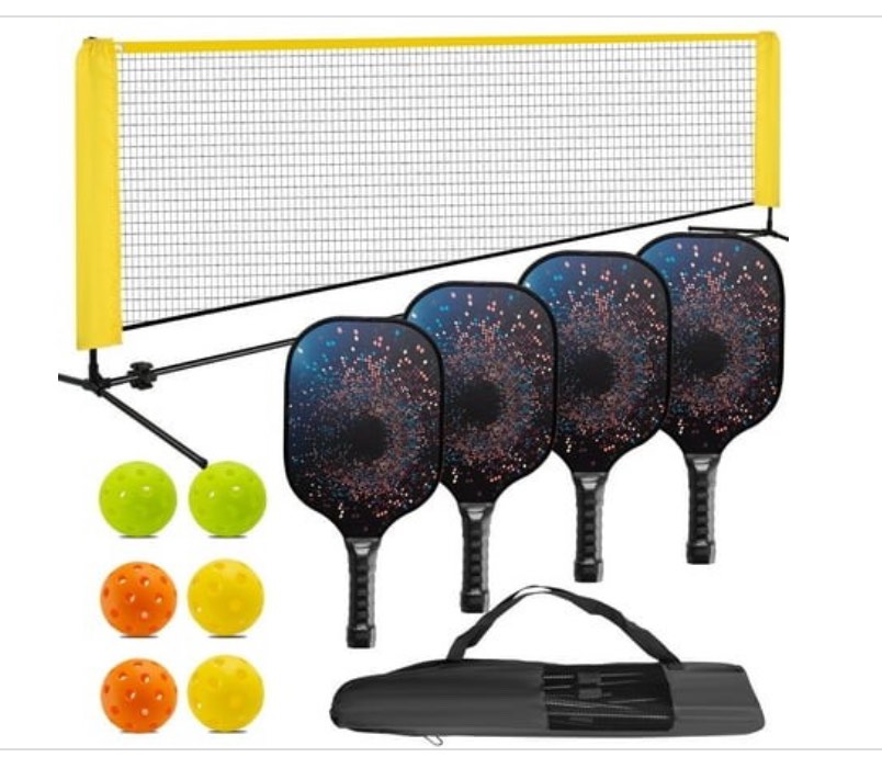 YTKUS Pickleball Set with Net 22 FT Pickleball Nets 4 Wood Pickleball Paddles and 6 Outdoor Pickleball Balls for Outdoor Indoor Driveway Backyard for