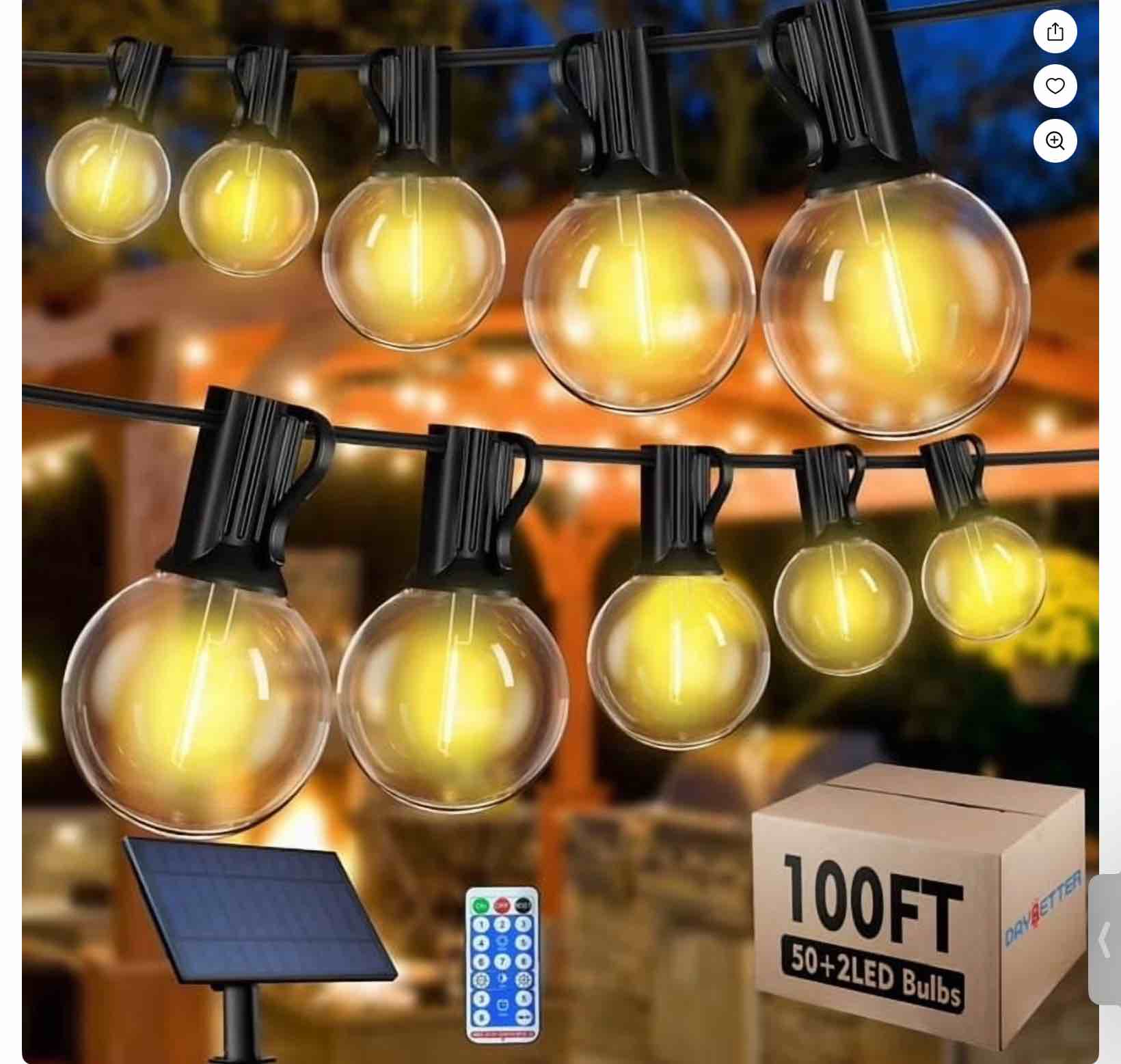 DAYBETTER Solar Outdoor String Lights  100ft Waterproof Patio Lights with Remote  50 LED Bulbs  8 Lighting Modes  for Yard Outside